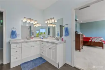 Primary bathroom w/ double vanity, soaker tub, fireplace, walk-in shower + walk-in closet