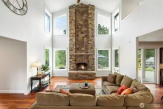 Wood burning floor to ceiling fireplace