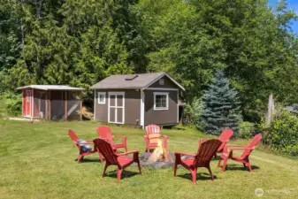 Large backyard, with fire pit, shed, coop, and rv/boat parking