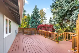 Beautifully designed back deck overlooking fenced backyard. Seasonal mountain views!