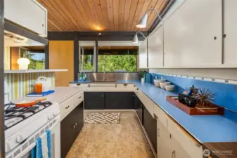 A large operable window (many of the windows in this home have been replaced by current owners) looks out/opens to the covered patio.  The kitchen remains largely in original condition (YAY!) with systemic and appliance updates for modern convenience.