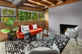The lower level has high ceilings, lots of windows, opens to the large backyard.  A wood-burning fireplace in the hang-out area keeps things cozy.