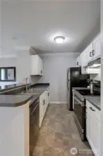 Cabinets recently painted and White cabinet doors replaced, newer stove and dishwasher, stainless appliances, refrigerator stays