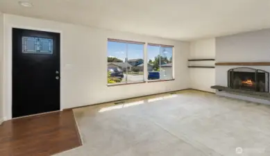 Living room with wood burning fireplace