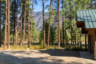 Mountain views through the pines — natural beauty surrounds the home with a stunning backdrop of rugged peaks.
