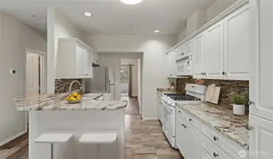 kitchen with plenty of counter space and cabinets and pantry