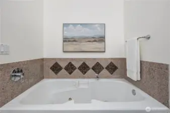 Sumptuous primary suite featuring a spacious walk-in closet and luxurious five-piece bath with soaking tub.