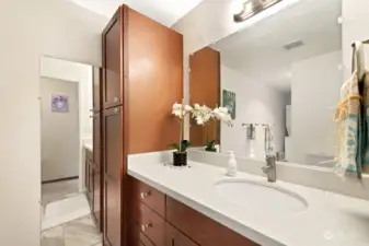 Bathroom is beautiful and spacious.  New tub/shower surround. Lots of cabinet space for storage.