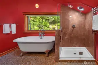 Romantic claw foot tub, adjacent to a lovely glass encased shower.