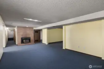 Reverse view of basement rec room, showing gas fireplace insert