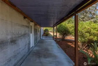 Patio under the deck. White door on the left enters the daylight basement.