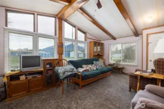Living room looking to the east with wonderful mountain views.