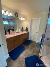Photo taken by Seller prior to Tenant Occupancy.  Vanities has Tru-Stone Slab counters and main vanity has 2 sinks