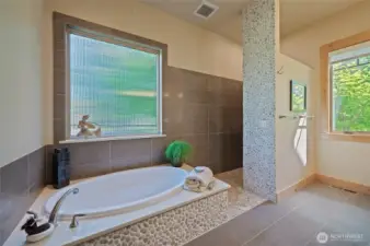 No frame roll in shower and large soaking tub