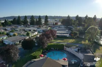 overlooking pool and hot tub located at community center
