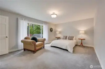 The second Primary Suite is expansive and overlooks the patio area.