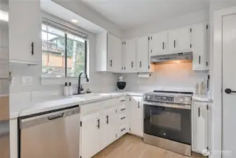 Kitchen overlooks back yard.