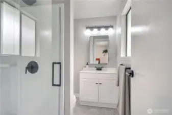 Trendy primary bedroom.