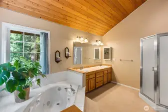 Primary bath with large, jetted tub, double vanity and shower