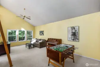 Headed over to the other wing of the house, we find this family room, with plenty of space for a seating arrangement, plus room for more.....foosball, music equipment and more