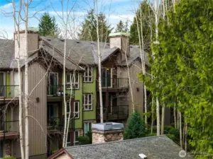 The balcony has privacy and looks towards the wooded area and the firepit and BBQ area.