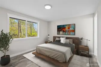 The primary En-suite features wood-wrapped windows, new doors and trims, luxury vinyl flooring, and fresh paint, along with a beautifully renovated modern primary bathroom. This bathroom includes a new vanity, a glass shower door, an LED mirror, a new light fixture, and versatile quartz counters. The tile shower is adorned with extensive ceramic tiles and mosaic accents. This home truly has it all—don’t miss your opportunity!