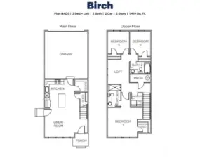 Birch plan offers open great room with island kitchen below, loft and private suite above. Pictures are for representational purposes only, colors and features may vary.