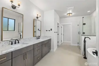 Large primary bath with vessel tub and large walking shower