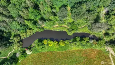 Kayak-able pond for recreating, hosts a gazebo and trail system around the perimeter.