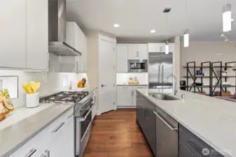 Chefs kitchen with oversized Quartz Island, Huntwood sleek cabinetry, Fisher & Paykel appliances and walk-in pantry.