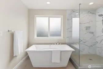 Spa inspired primary bath with large shower, soaking tub, and grand walk-in closet.