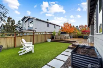 Entertainers dream backyard with Trex decking, pet friendly turf, and Hot Springs Highlife Collection Hot Tub, BBQ Gas Hookup