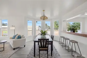 The dining area also has a bar counter area adding additional seating possibilities.