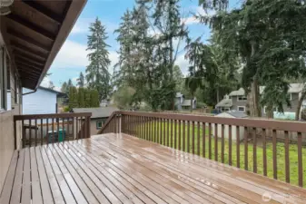 Large back deck with stairs down to the yard