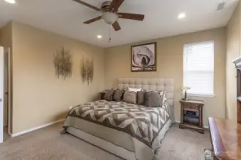 Another view of the primary suite There is a ceiling fan, but this home also has a newer HVAC system, including AC.