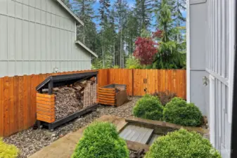 Custom-built storage for your firewood and gardening needs.