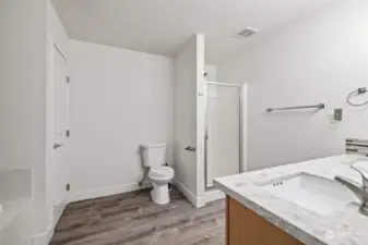 Primary bath with shower and separate soaking tub.