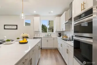 Well-appointed kitchen featuring built-in stainless appliances and contemporary lighting.