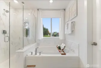 Luxurious primary bath featuring soaking tub, glass-enclosed shower, and abundant natural light.