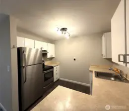 Kitchen has ample storage and a dishwasher.