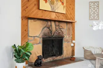 Beautiful wood wall detailing above the mantle adds warmth and character to the living space.