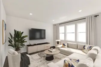 Multiple windows in family room brings in tons of natural light. Pictures are for representation only colors and options may vary.