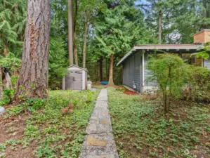 Wonderful trails around house lead to garden area, shed and backyard