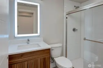 Glass Paned Bathroom And Back Lit Mirror