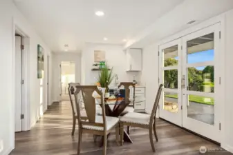The kitchenette and dining area on the lower level.