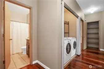 Hall bathroom is the first door on your left