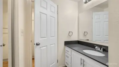 Updated vanity offers an abundance of storage and is separated from the water closet where you'll find the walk-in shower.