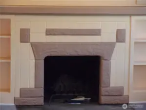 Wood-burning brick fireplace.