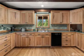 Kitchen with backyard mountain and river views