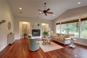 The vaulted 20'x21' Great Room features fairway views and installed surround sound.